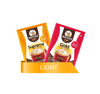 Two Mathas Gold Light instant coffee sachets, one orange and one red, displayed together on a yellow ribbon banner labeled 'LIGHT' against a white background.
