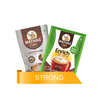 Two Mathas Coffee pouches, one silver and brown labeled Adventure and one green and white labeled Enrich, with an orange ribbon below that says STRONG, on a white background.