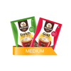 Two Mathas Coffee medium-sized sachets, one green Enrich Flavour Coffee and one red Gold Super Coffee, displayed together on a white background with an orange ribbon below.